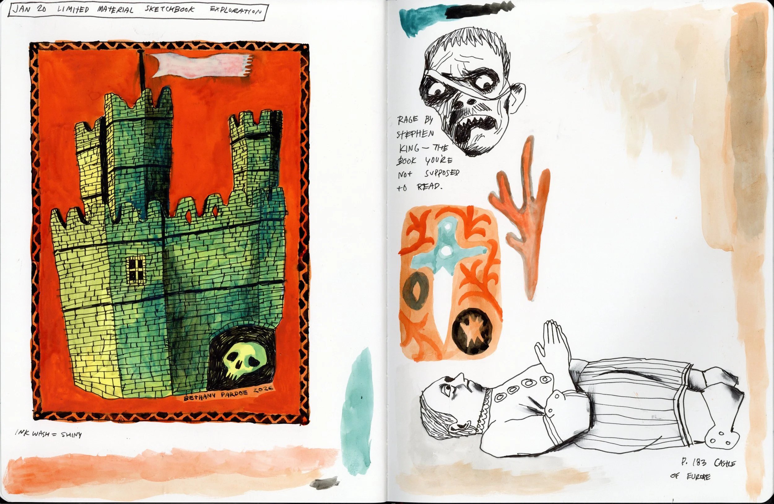 ink, watercolour, castle, pen, sketch, doodle, medieval, skull