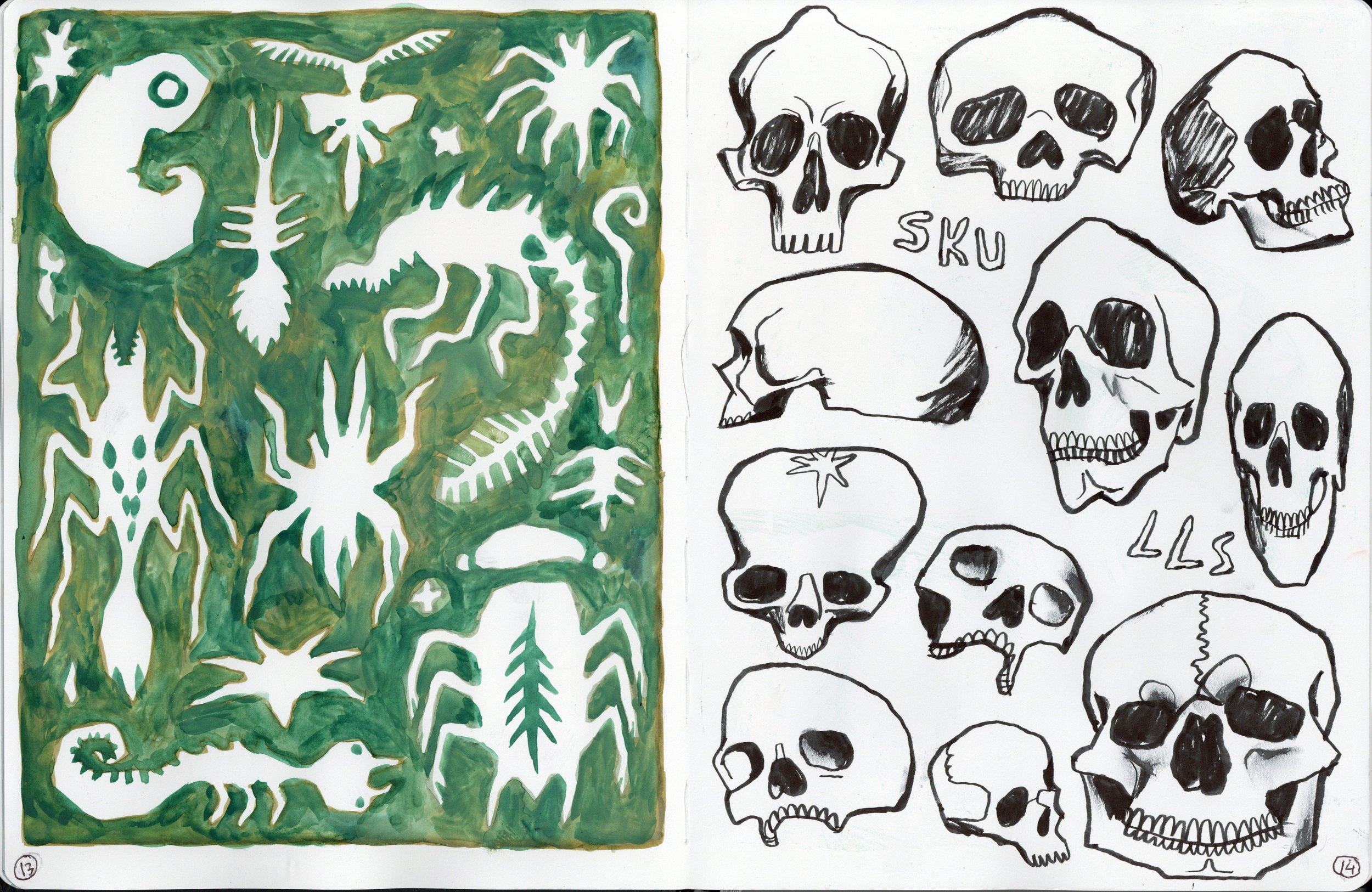 bugs, skulls, brush pen, watercolour, sketchbook, illustration