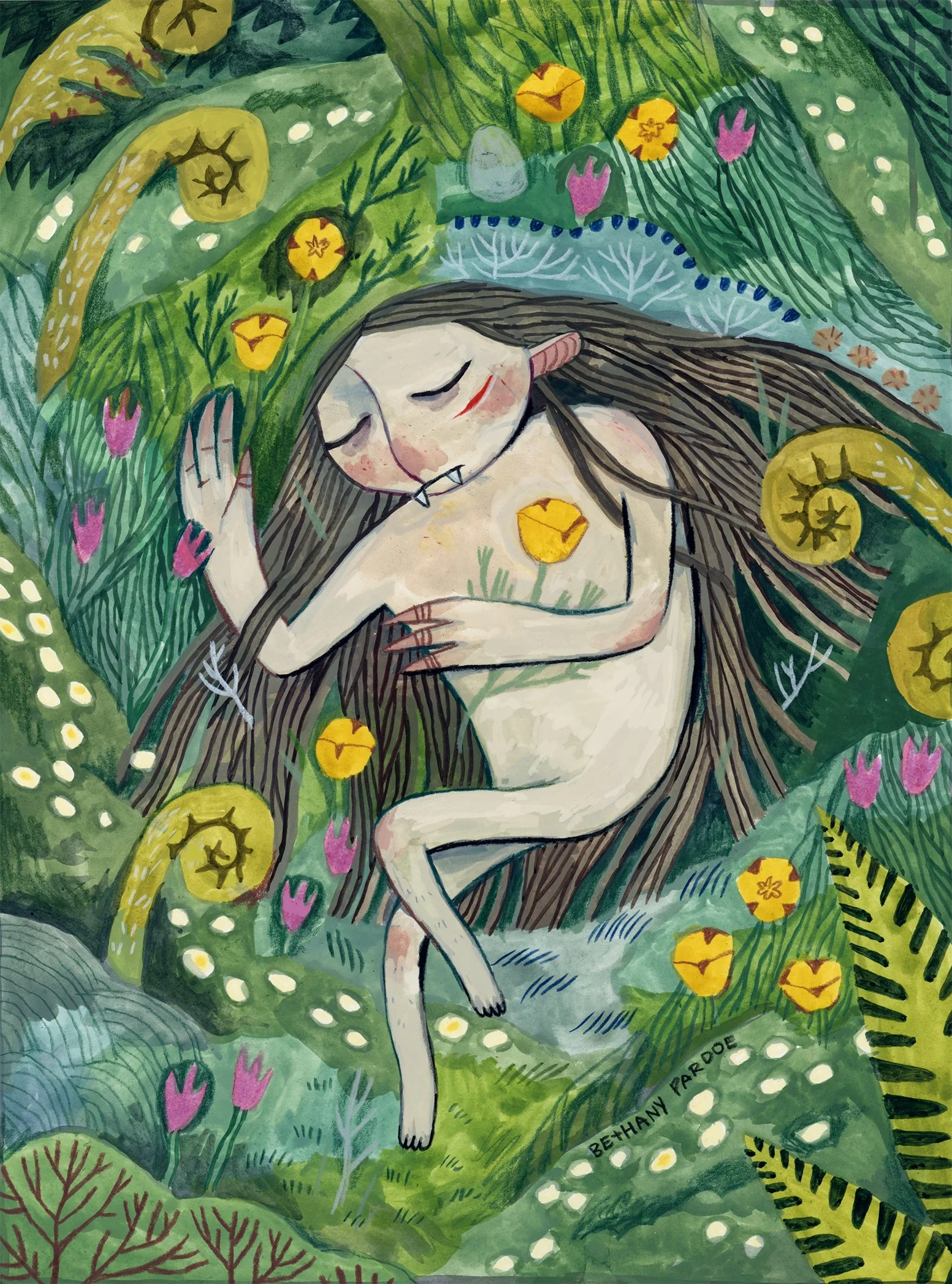 gouache illustration of a creature-like girl lying in a somewhat abstract and stylized meadow