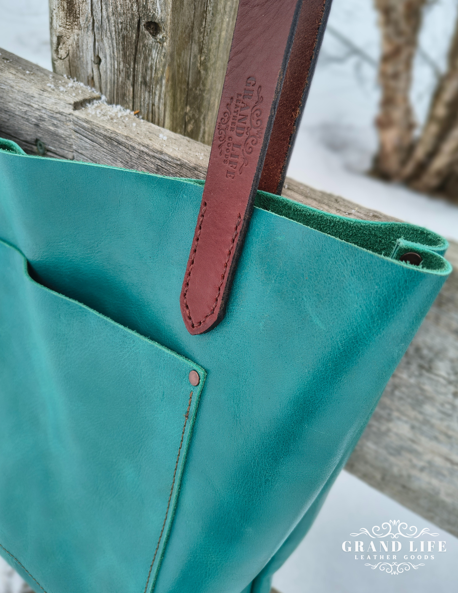 handcrafted leather tote bag carry all teal detail.png