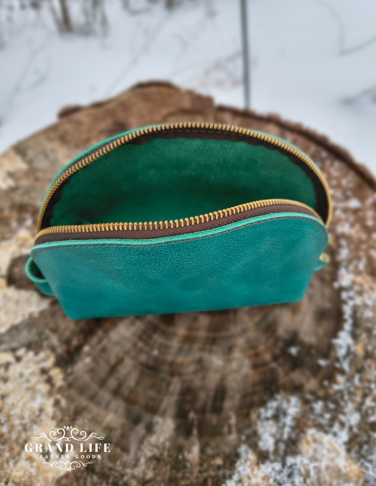 leather crescent pouch personal care travel bag teal open2.png