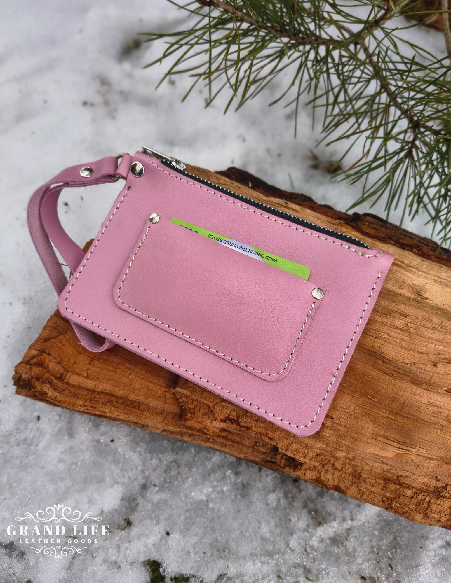 handcrafted leather zip wallet pink detail2.png
