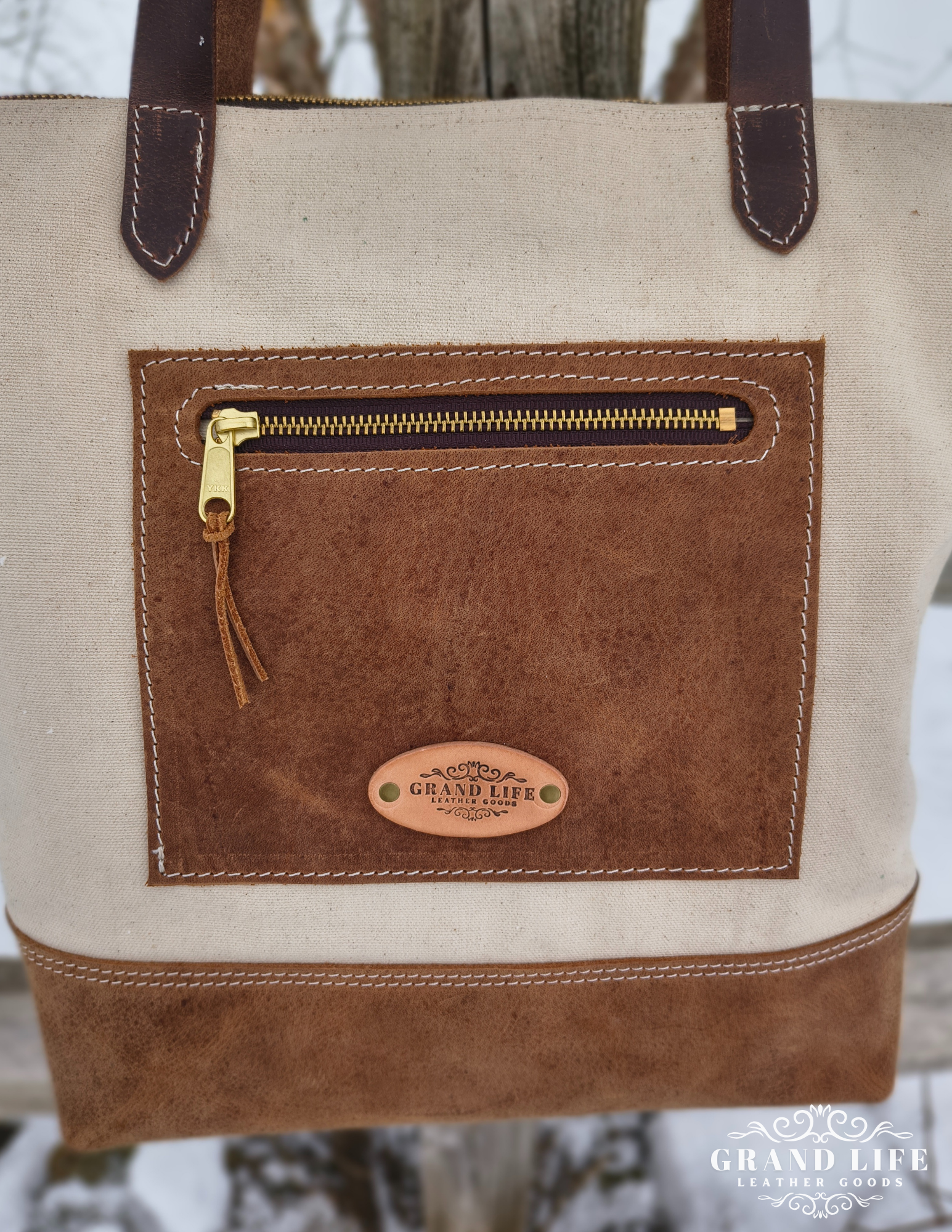 Canvas Leather Zippered Tote Bag - Natural