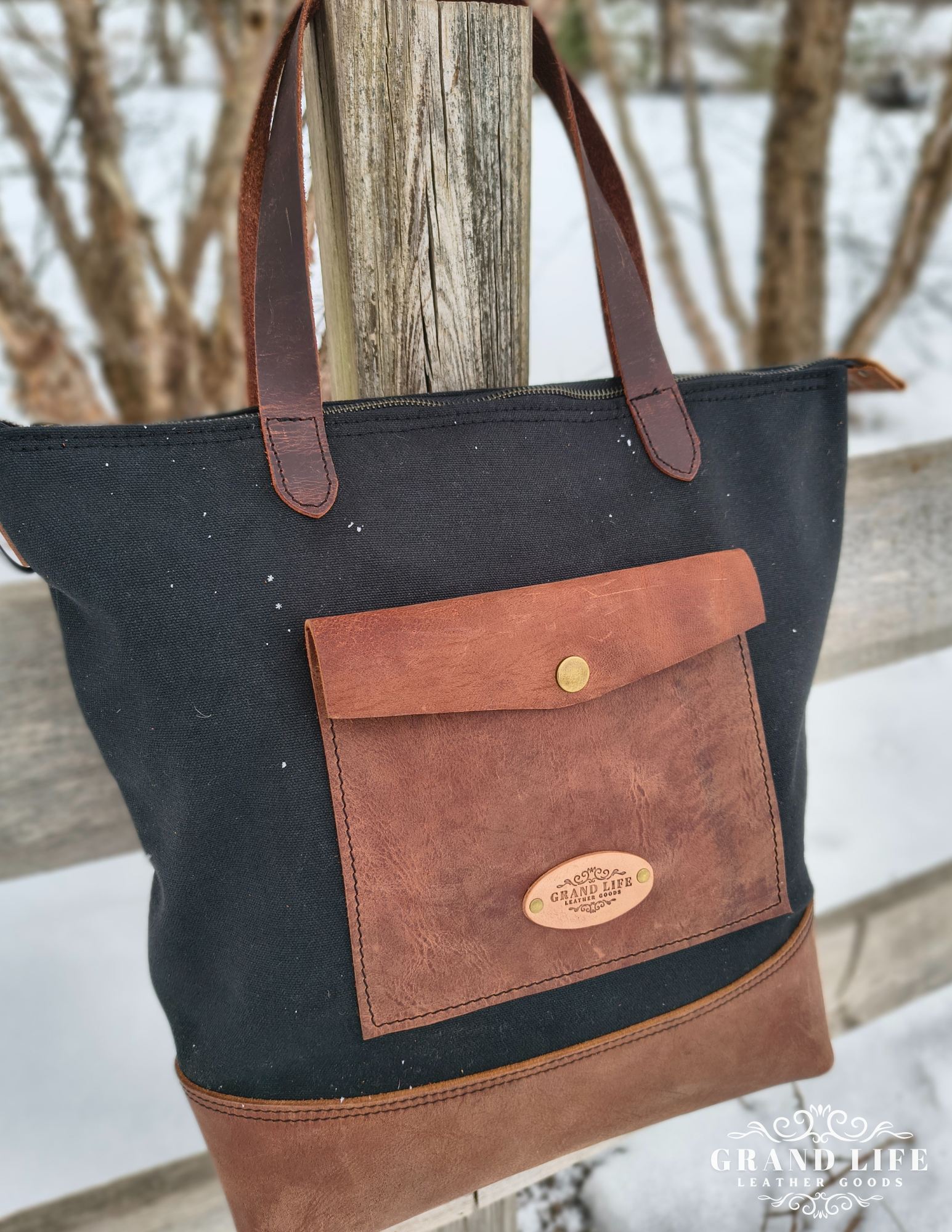 Canvas Leather Zippered Tote Bag - Black