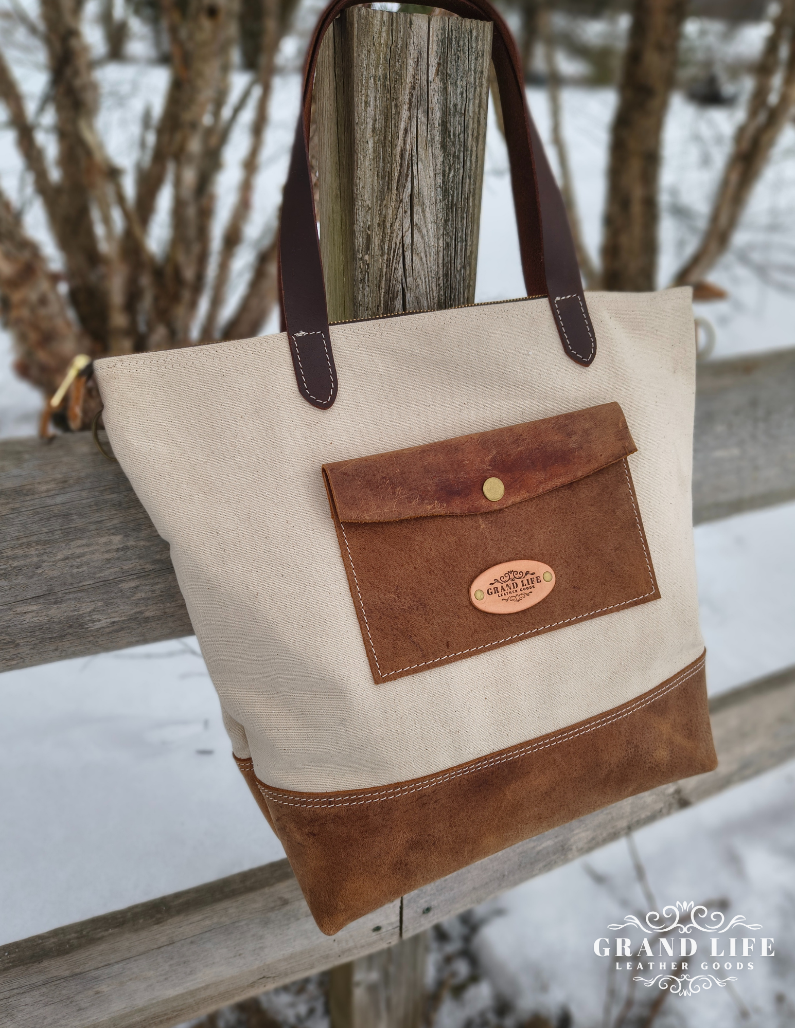 Canvas Leather Zippered Tote Bag - Natural