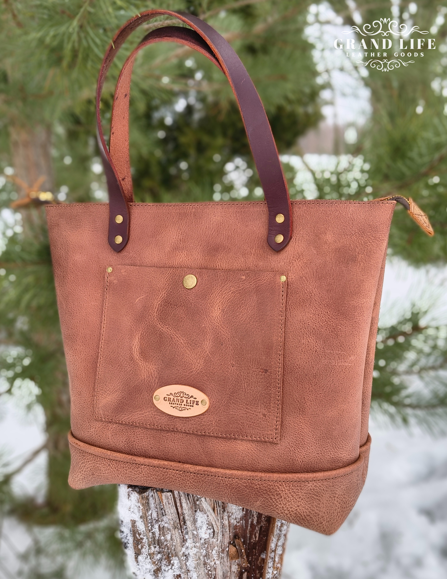 Two-Tone Zippered Tote Bag - Crazy Horse Brown (solid)