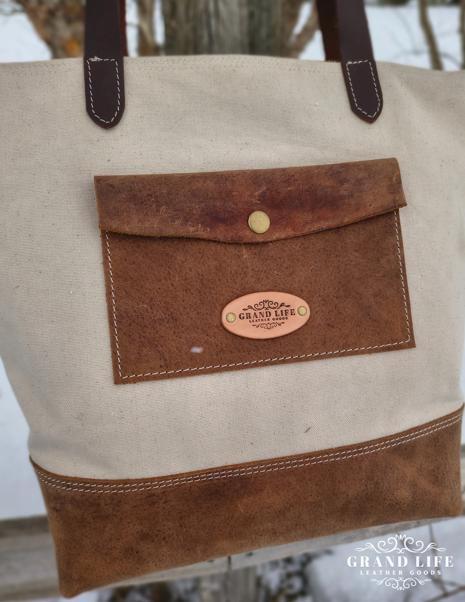 Canvas Leather Zippered Tote Bag - Natural