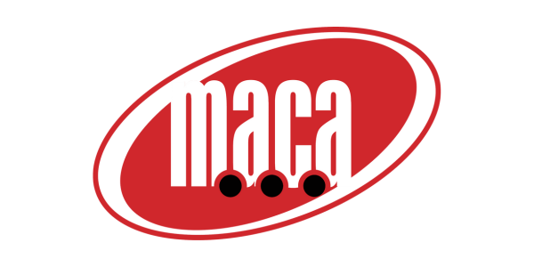 Maca logo with red oval background and the word 'maca' in white lowercase letters, featuring three black dots underneath.