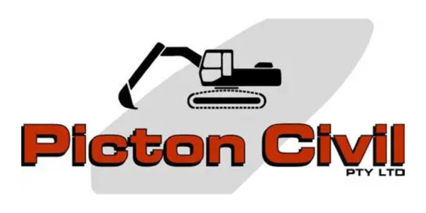 Logo with an excavator and the text 'Picton Civil PTY LTD' in bold red and black letters.