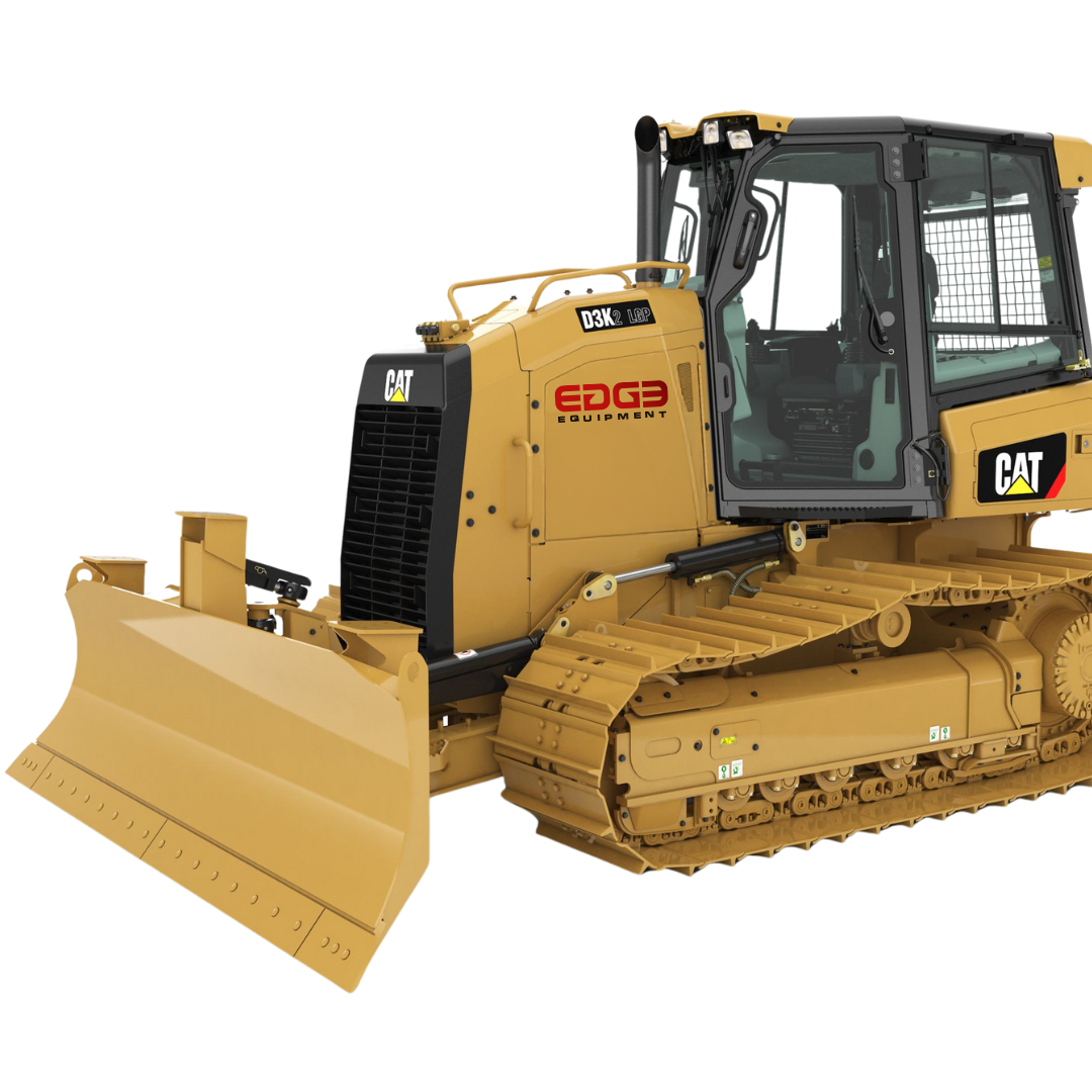 A yellow Caterpillar bulldozer with a large front blade and enclosed cab, displaying the CAT logo.