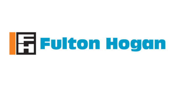 Fulton Hogan logo with bold blue text and a black and orange symbol on the left