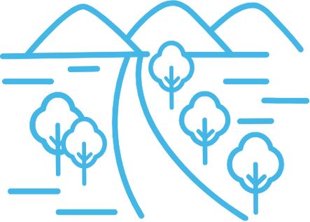 Blue Sky Planning line‑drawing of a rural landscape featuring mountains, trees, a winding road and water – visualising regional land‑use planning.