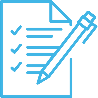 Blue Sky Planning checklist icon with a pencil writing on paper – symbolising project planning, compliance and detailed assessment.