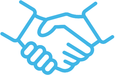 Blue Sky Planning line‑drawing of two hands shaking in blue – symbolising partnership, collaboration and trusted teamwork in rural NSW development.