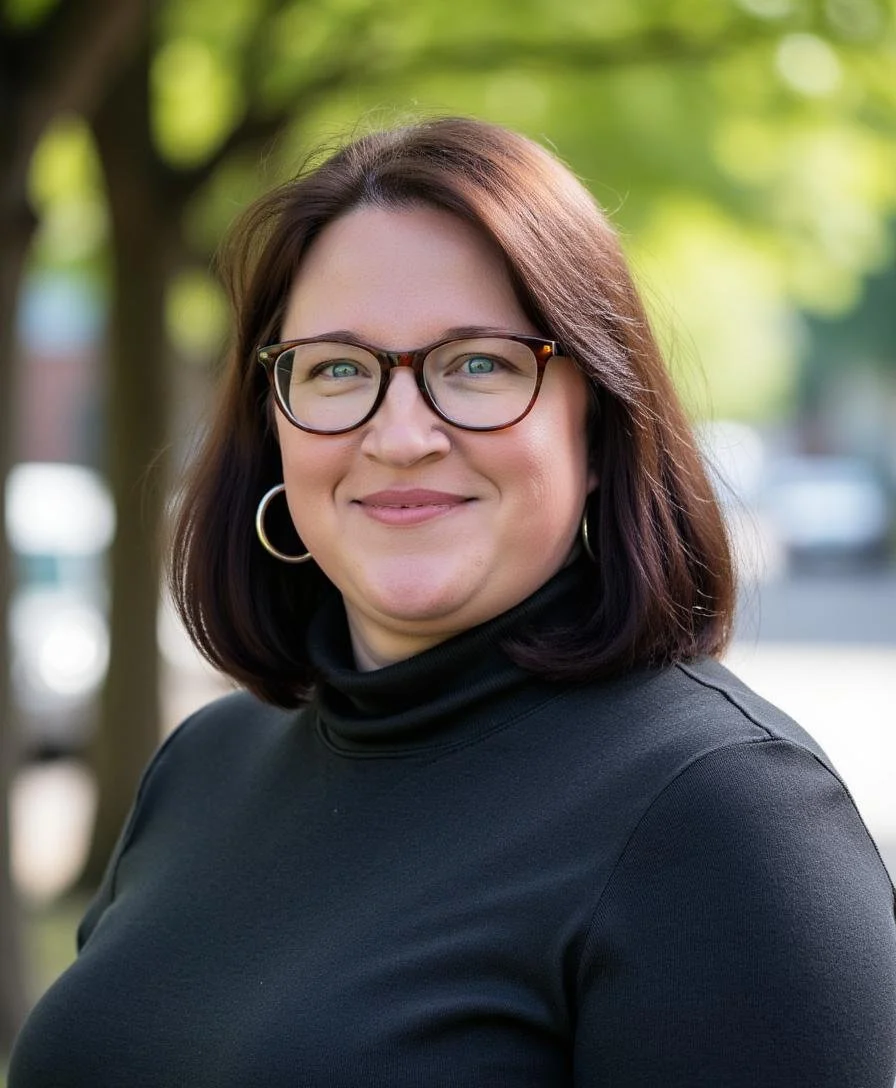 A woman with shoulder-length dark hair, wearing large eyeglasses, hoop earrings, and a black turtleneck, smiling outdoors with a background of blurred trees and a street.