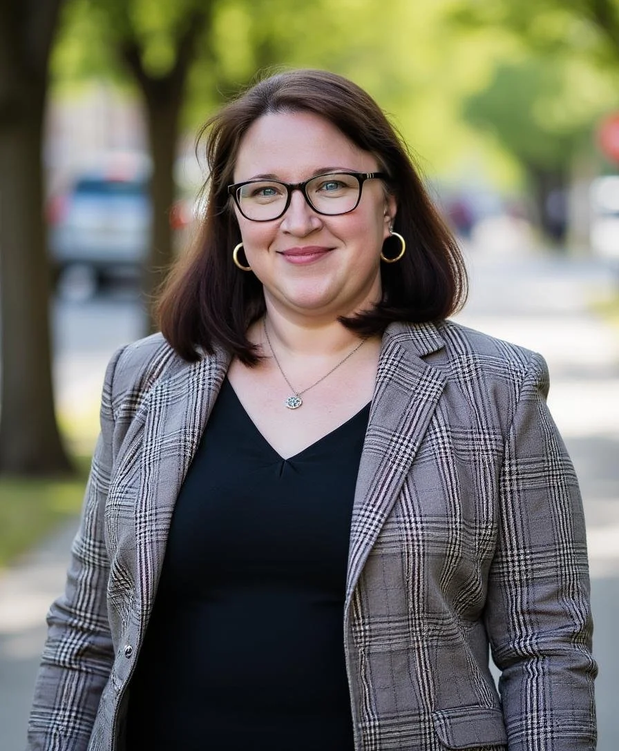 A smiling woman with dark brown hair, wearing glasses, a plaid blazer, and earrings, standing outdoors in a park with trees and a sidewalk in the background.