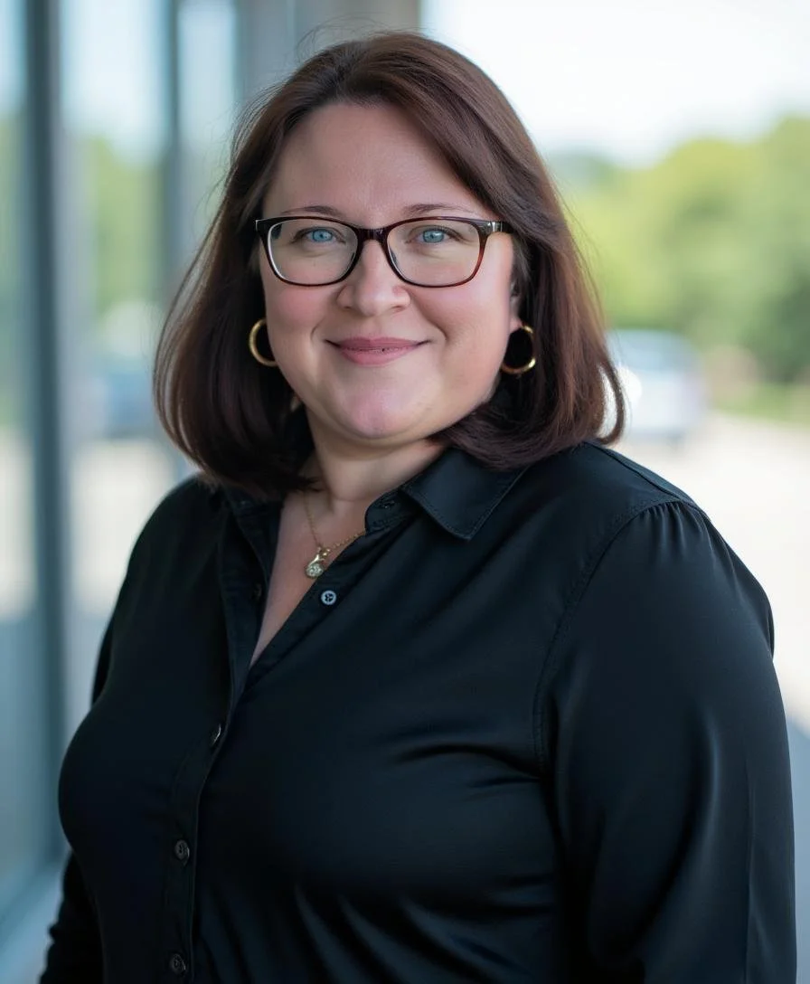 Portrait of a woman with shoulder-length brown hair, wearing glasses, hoop earrings, a black button-up shirt, and a necklace, smiling outdoors.