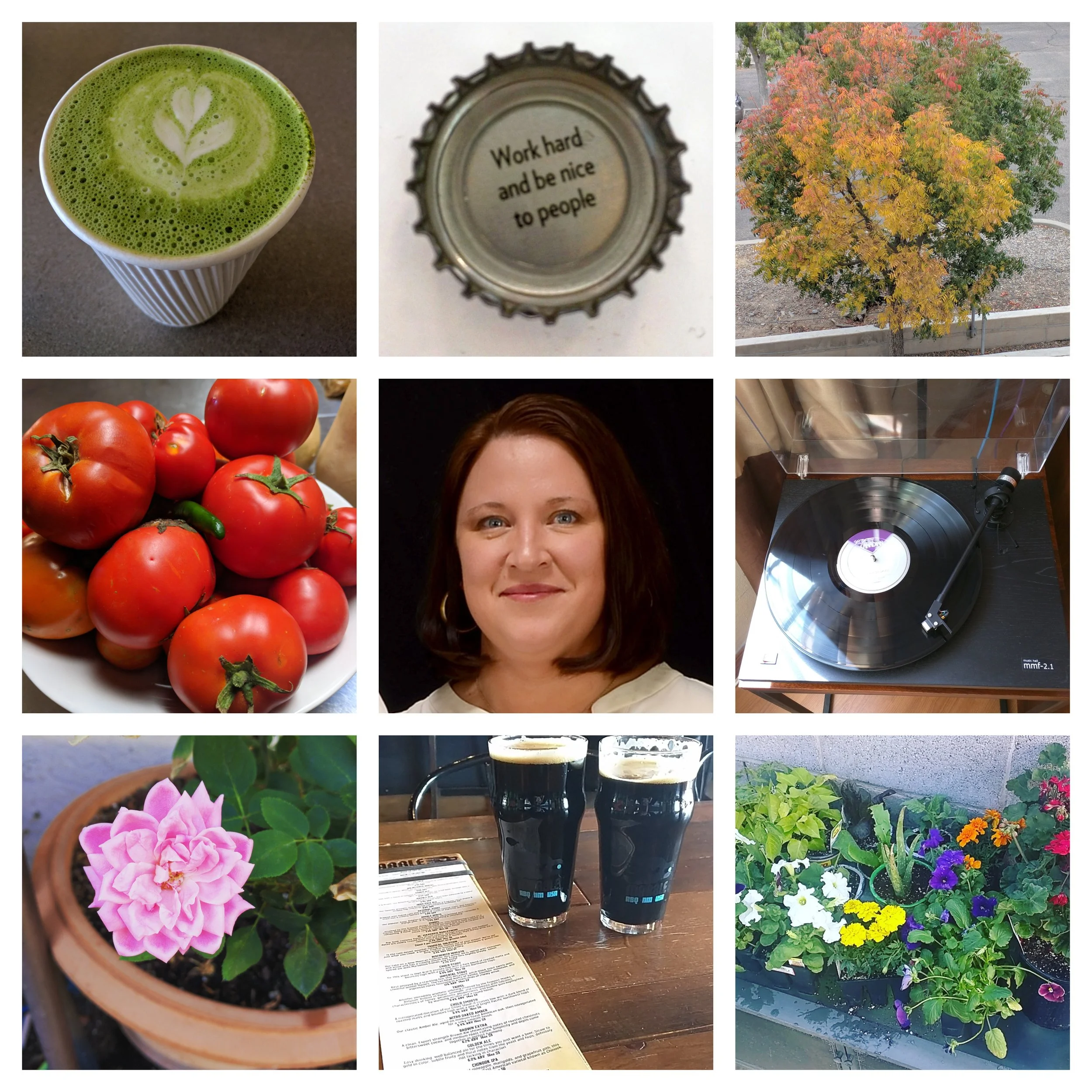 A collage of nine images includes a cup of green matcha latte with latte art, a bottle cap with an inspirational quote, a tree with colorful autumn leaves, a bowl of fresh tomatoes and a chili pepper, a woman with shoulder-length brown hair smiling, a turntable playing a record, a pink flower in a pot, two glasses of dark beer with a menu, and a garden with various blooming flowers.