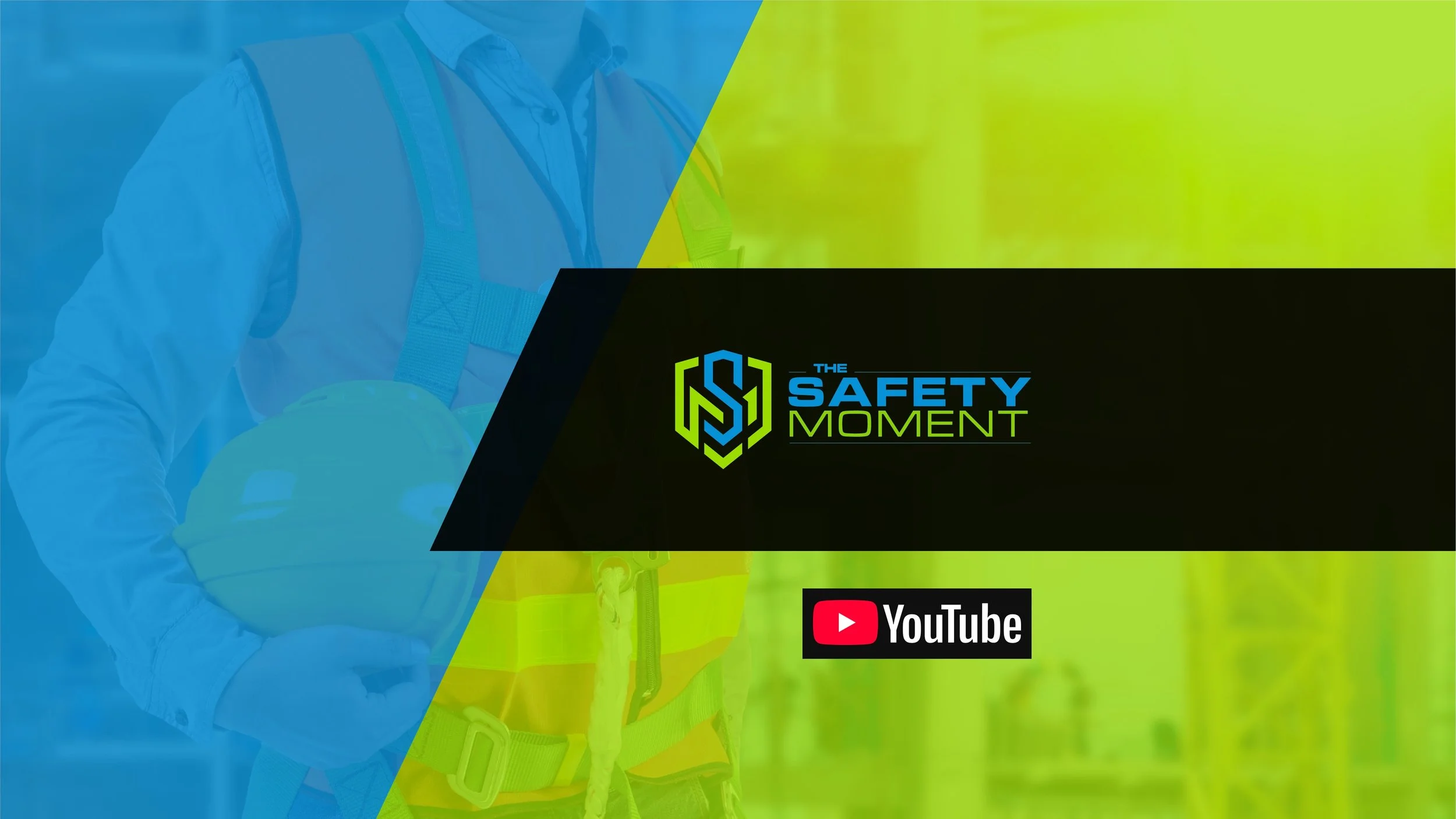 Promotional graphic for The Safety Moment YouTube Channel featuring the TSM Shield logo overlaid on construction safety imagery. The design highlights workspace safety, OSHA, awareness, education.