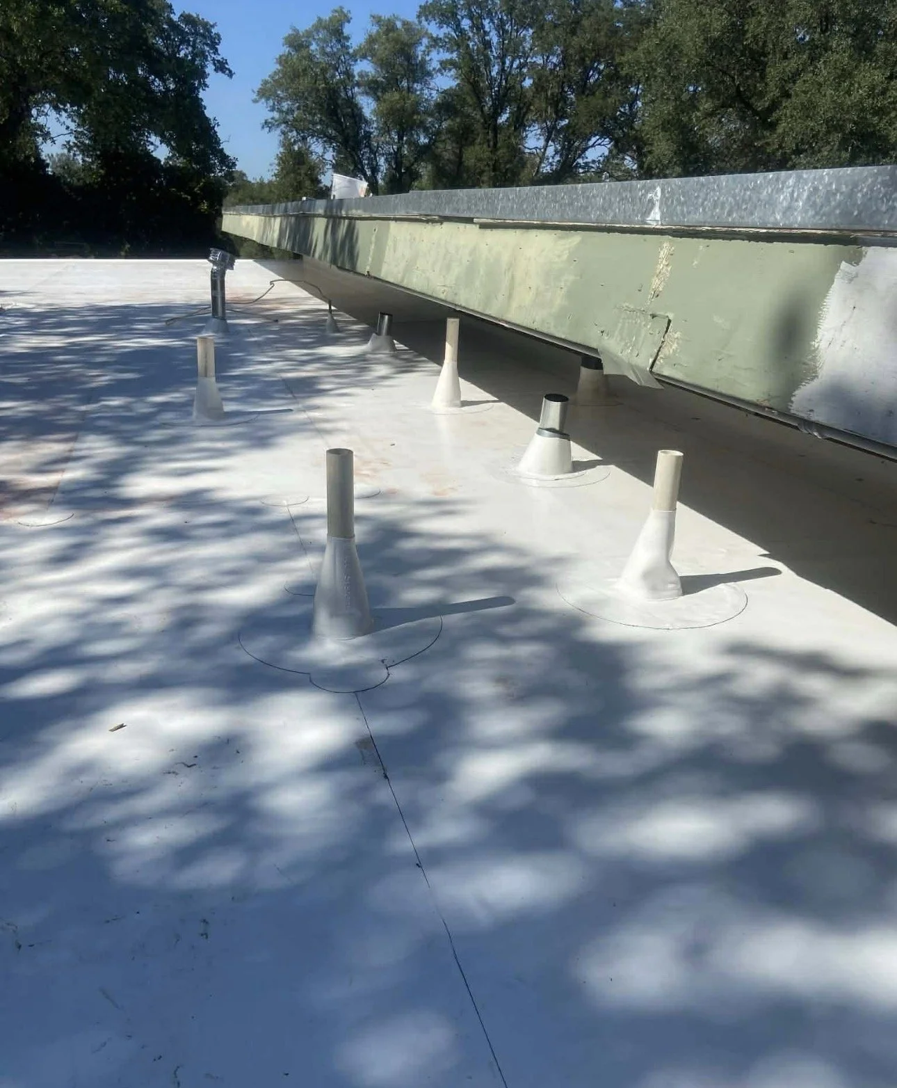 Rooftop with white coating, metal beam, several vent pipes, and the outline of cone-shaped supports with wires for stabilization, shadows of trees on the surface, and a clear sky with trees in the background.