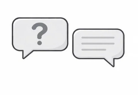 Two speech bubbles, one with a question mark, and the other with lines representing text.