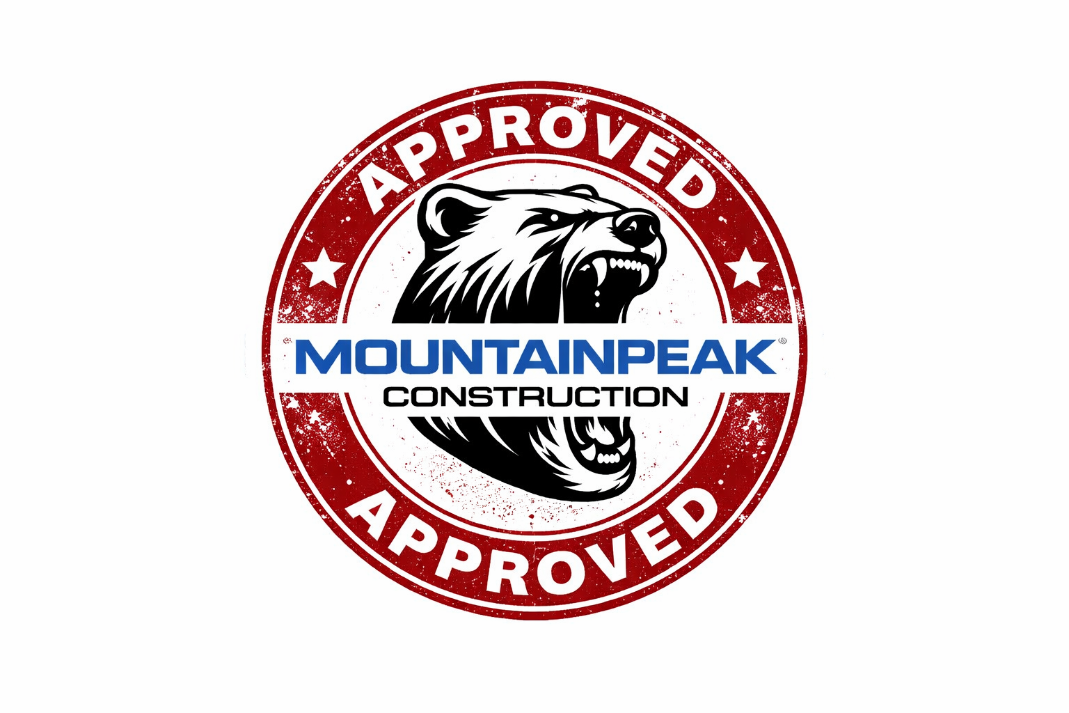 A circular logo with a roaring bear's head in black and white at the center. The outer ring is red with white text reading 'APPROVED' at the top and bottom, and white stars on each side. In the middle of the circle, the words 'MOUNTAINPEAK' in blue and 'CONSTRUCTION' in black are displayed.
