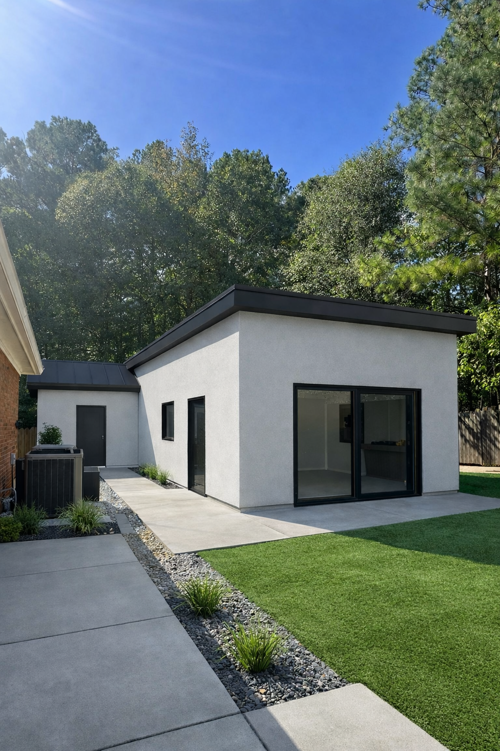 Modern backyard with white house, sliding glass doors, manicured lawn, walkway, and surrounding trees.