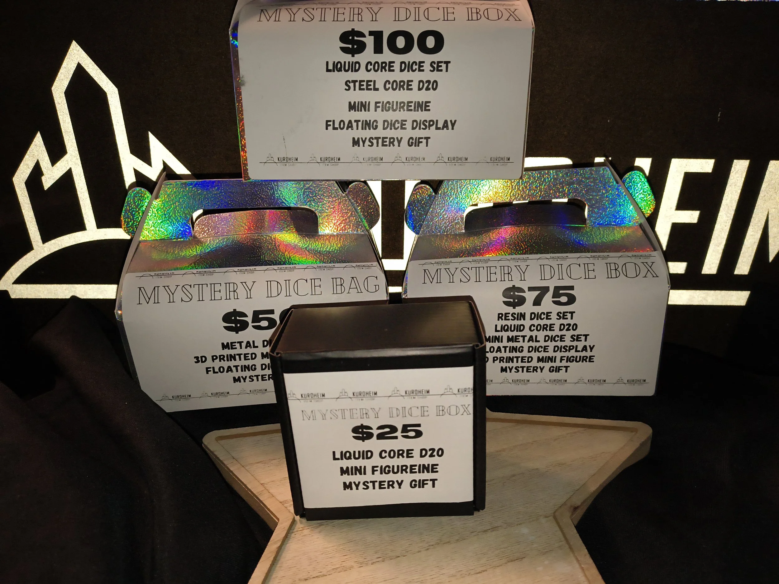 $75 Mystery Dice Box – Handmade Resin Dice Set, Liquid Core D20, Mini Metal Set, Miniature, Display & Mystery Gift