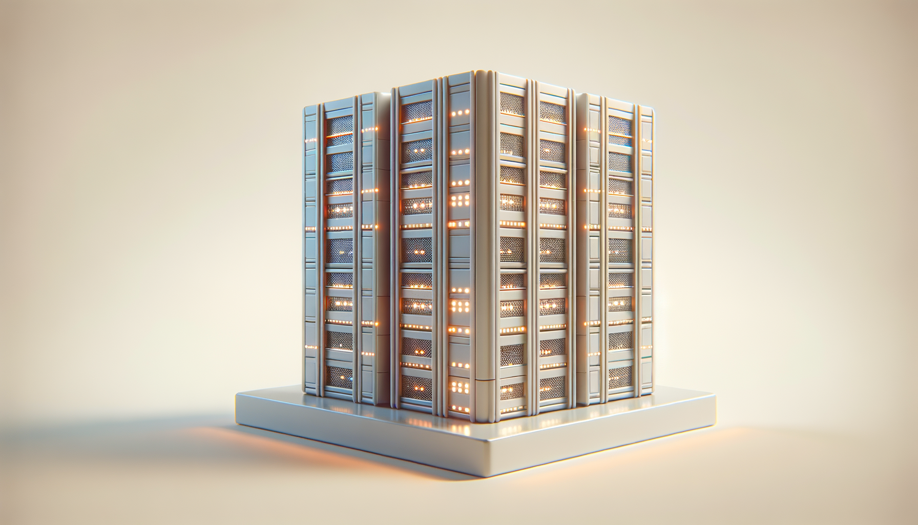 A modern server or data center tower with illuminated lights, set on a white platform against a plain background.