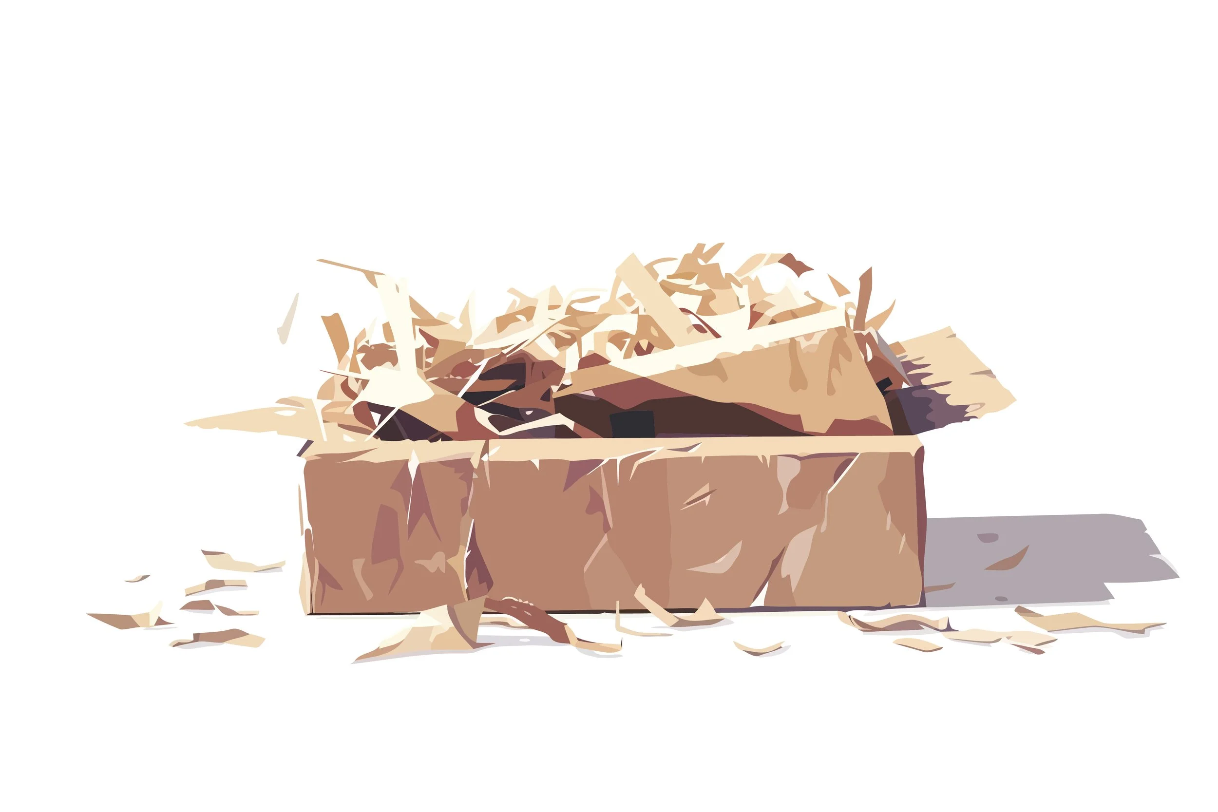 A cardboard box filled with shredded paper, with some papers spilling out onto a white surface. Ready to be sent to the mobile shredding truck.