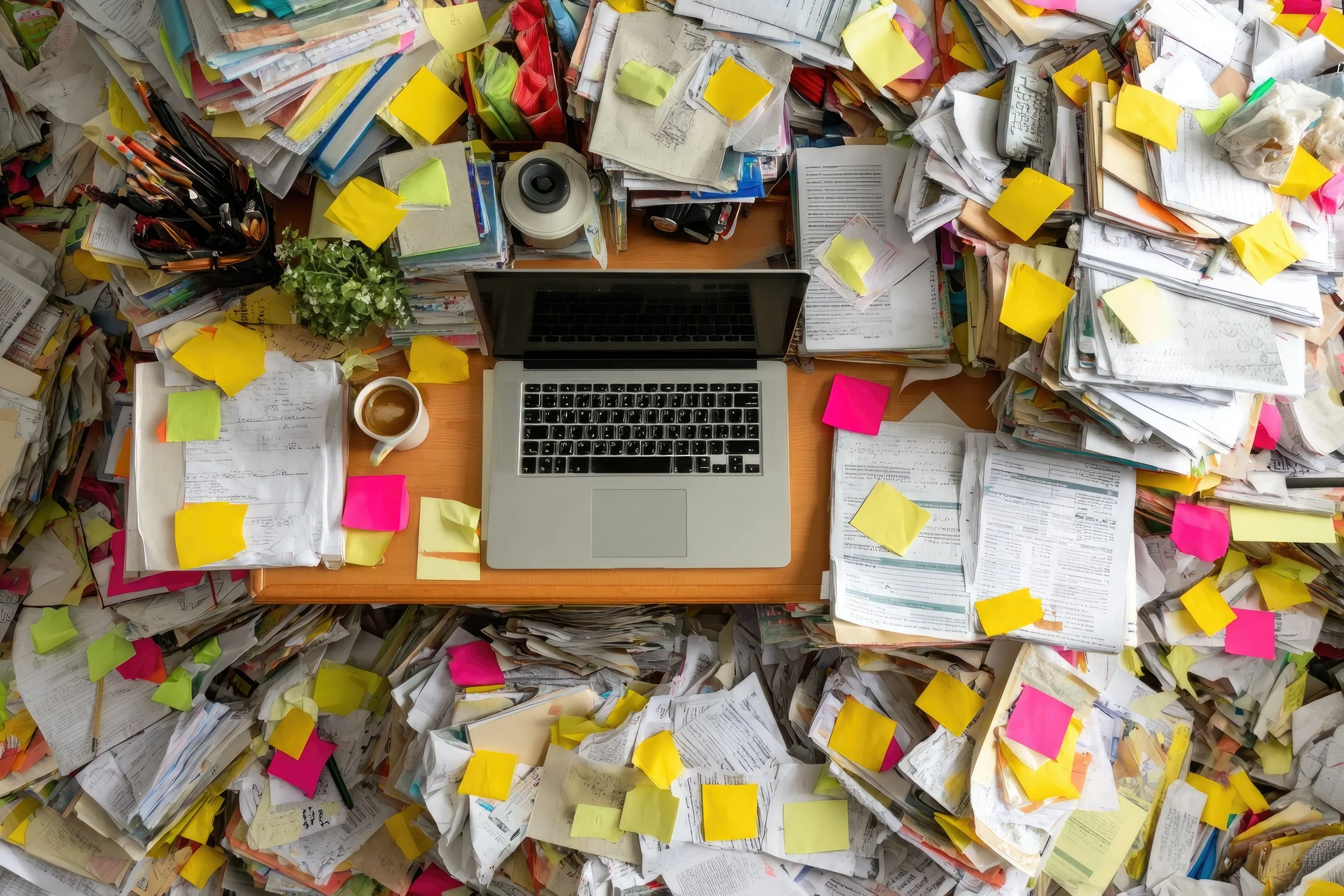 Overwhelmed person working at a cluttered desk covered with piles of papers, sticky notes, a laptop, a coffee mug, a plant, and office supplies. In need of organization and shredding services.