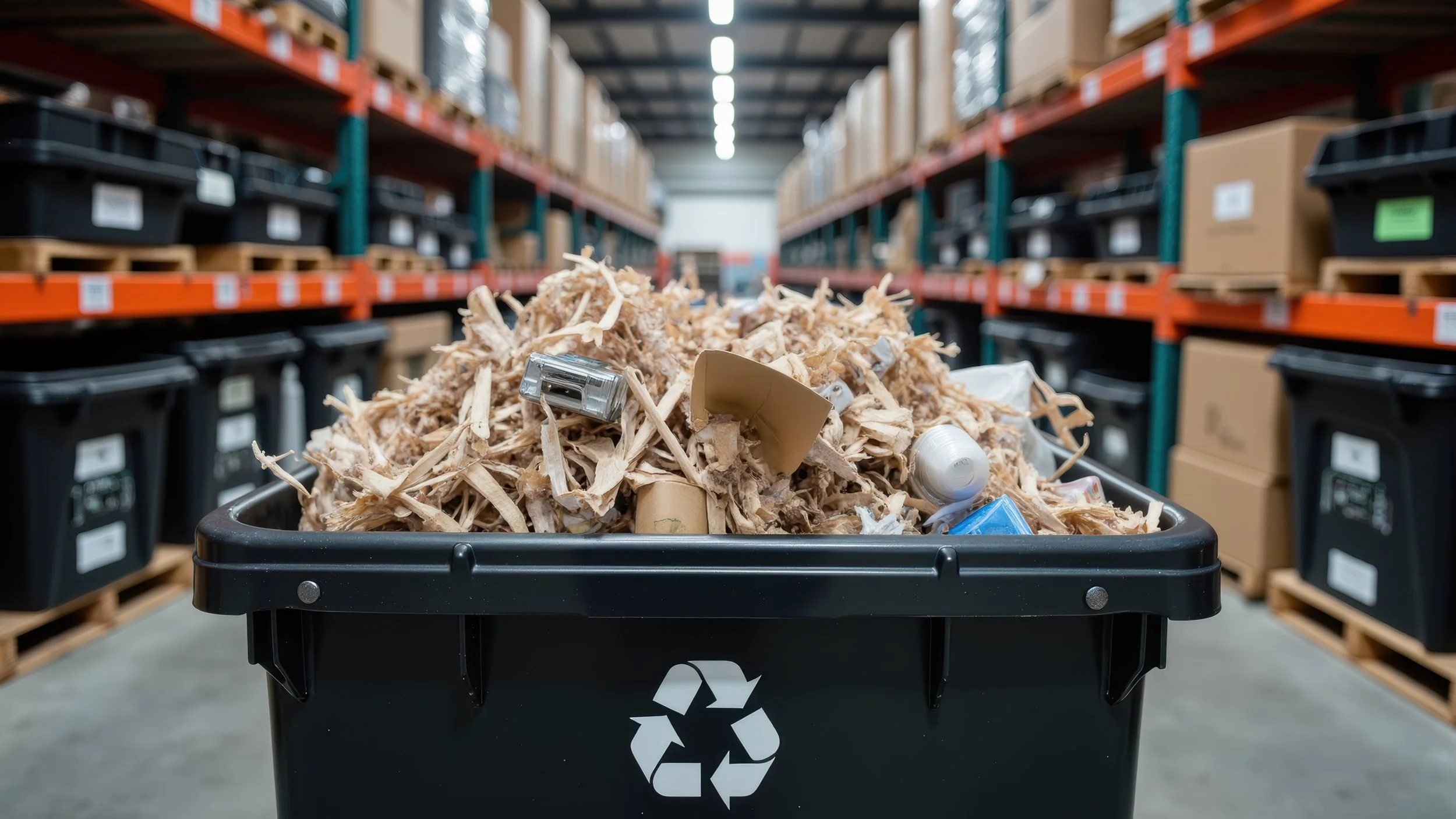 A recycling bin filled with shredded paper, paper cups, and plastic bottles in a warehouse aisle of secure shredding company and paper shred bins.