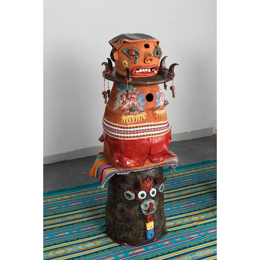Wilma's Story, 130 x 40 x 38 cm
terracotta clay, underglaze, glaze, alpaca wool, cotton string, 2025
