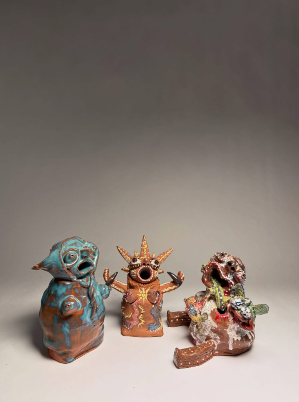 Mama Coche , Inti , Pachamama , terracotta clay with glaze and underglaze, 13.5 x 12 x 8 cm, 13.5 x 5 x 5 cm, 14 x 5 x5 cm , 2025​
