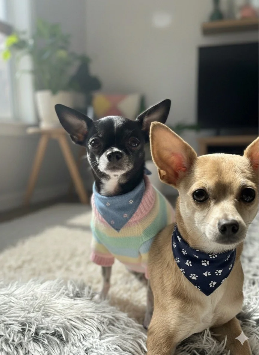 Two small dogs, one black and white with large ears and a blue bandana, and one tan with a black bandana, sitting on a fluffy rug in a cozy living room.