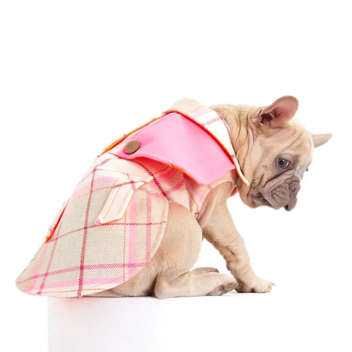 Tartan Dog Cashmere Bow Coat in Pink/Beige MOSHIQA