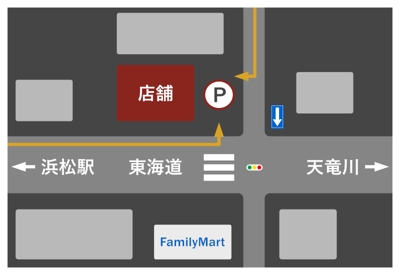 東海道の交差点にファミリーマートと店舗と駐車場がある地図
