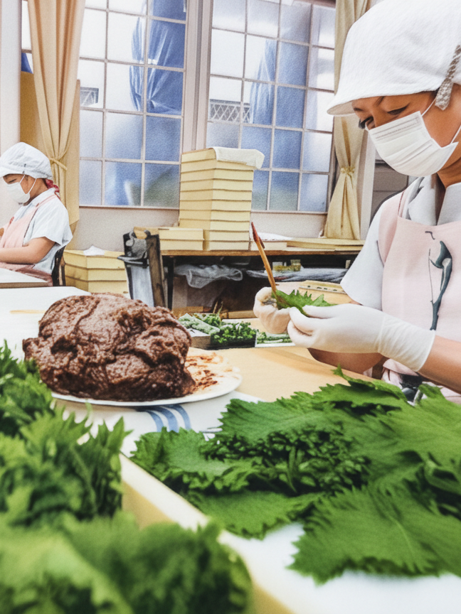 六軒京本舗の作業場でしそ巻制作をしている女性職人の姿。手には大葉を持ち、周囲には大葉と味噌の材料が置かれている。