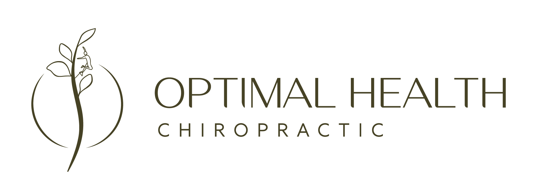 Logo of Optimal Health Chiropractic featuring a stylized olive branch wrapping around the name.