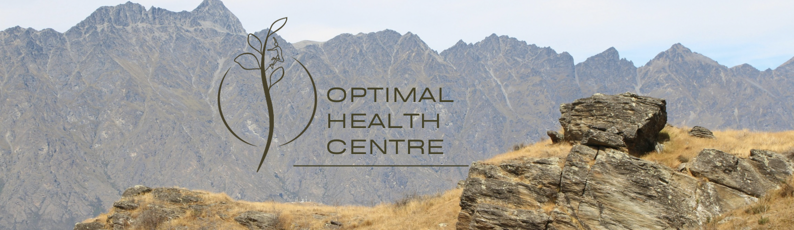 Landscape with mountains and rocks, logo of a stylized plant with leaf and person, and the text "Optimal Health Centre".