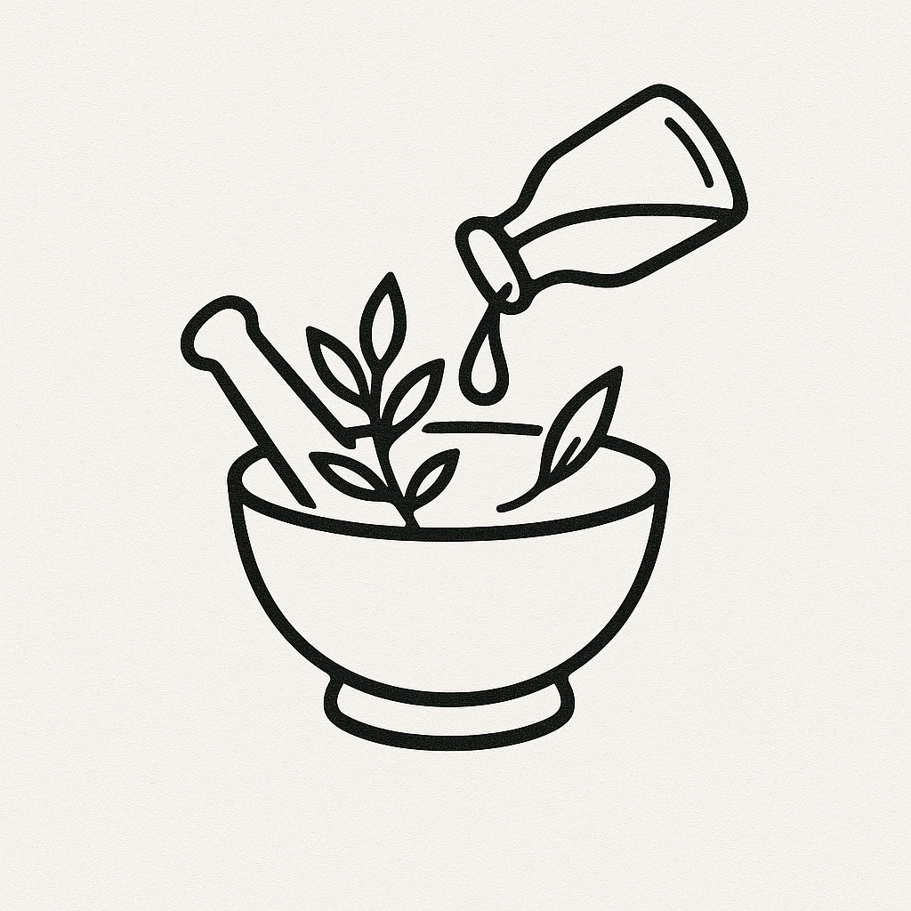 Line drawing of a bowl with herbs, a rolling pin, and a bottle with liquid pouring into the bowl.