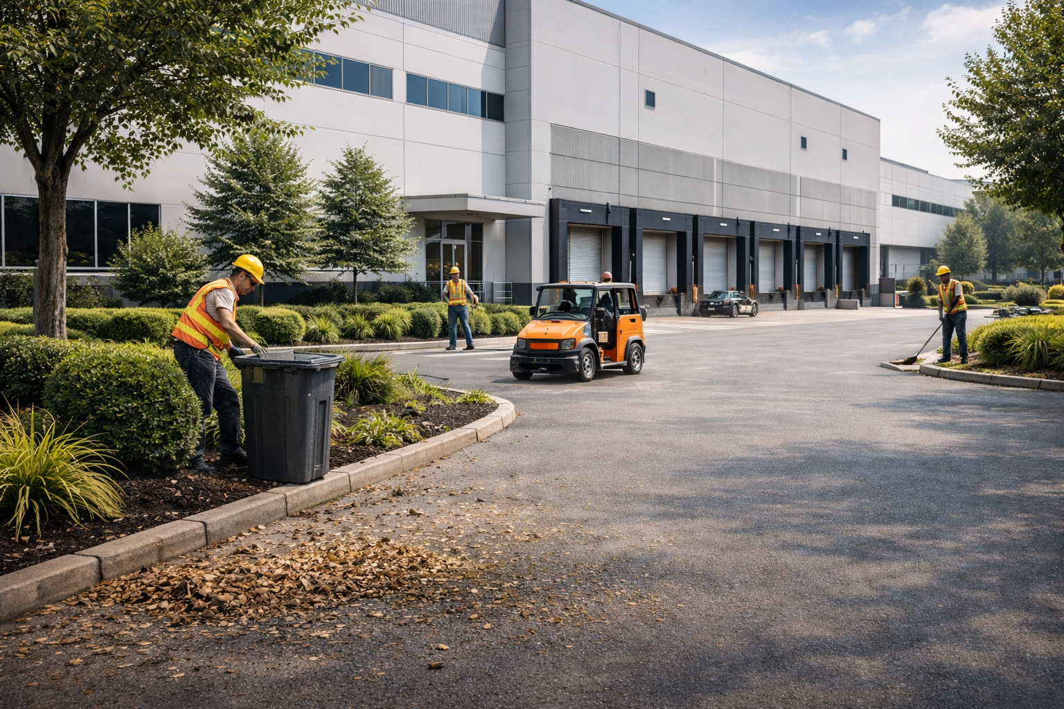 Two workers with yellow safety helmets and grey overalls discuss inventory in a warehouse, one holding a clipboard and the other holding gloves, with a forklift and metal parts around them.
