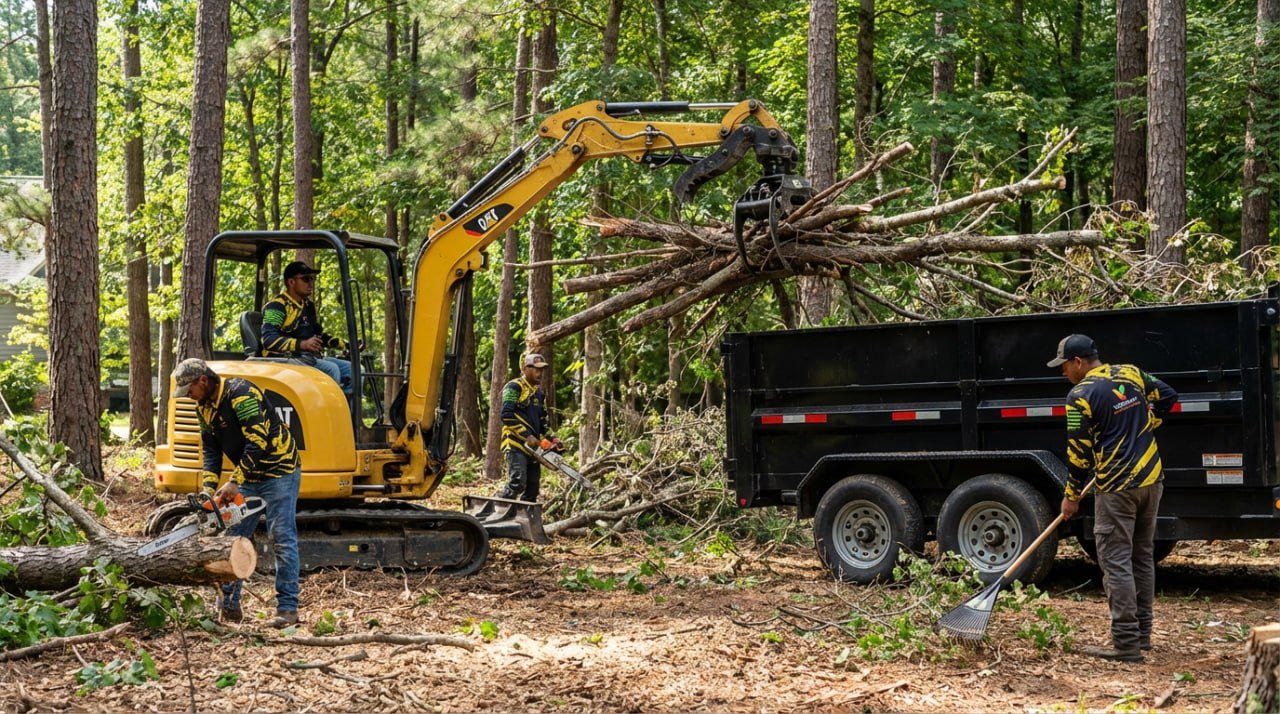 A man wearing a high-visibility orange and black safety jacket and dark pants holds a large wire utility brush with a long wooden handle, looking at it with a puzzled expression.