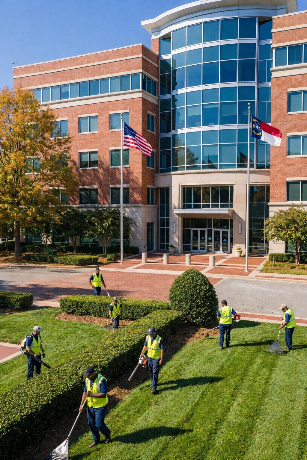 Two construction workers with safety helmets and work clothes inspecting blueprints outside a wooden building.
