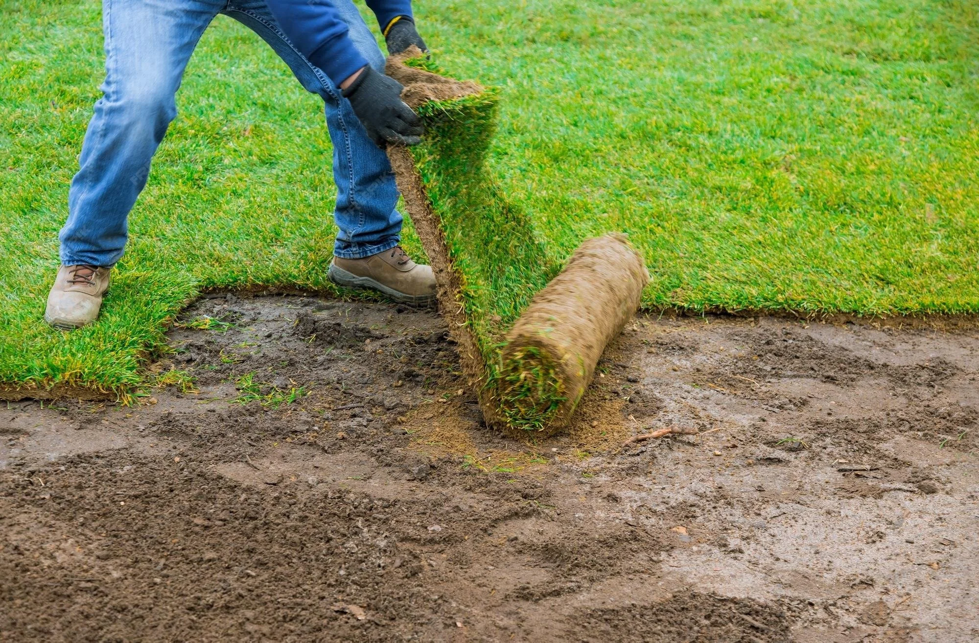 Person laying sod on a lawn using a sod roller.