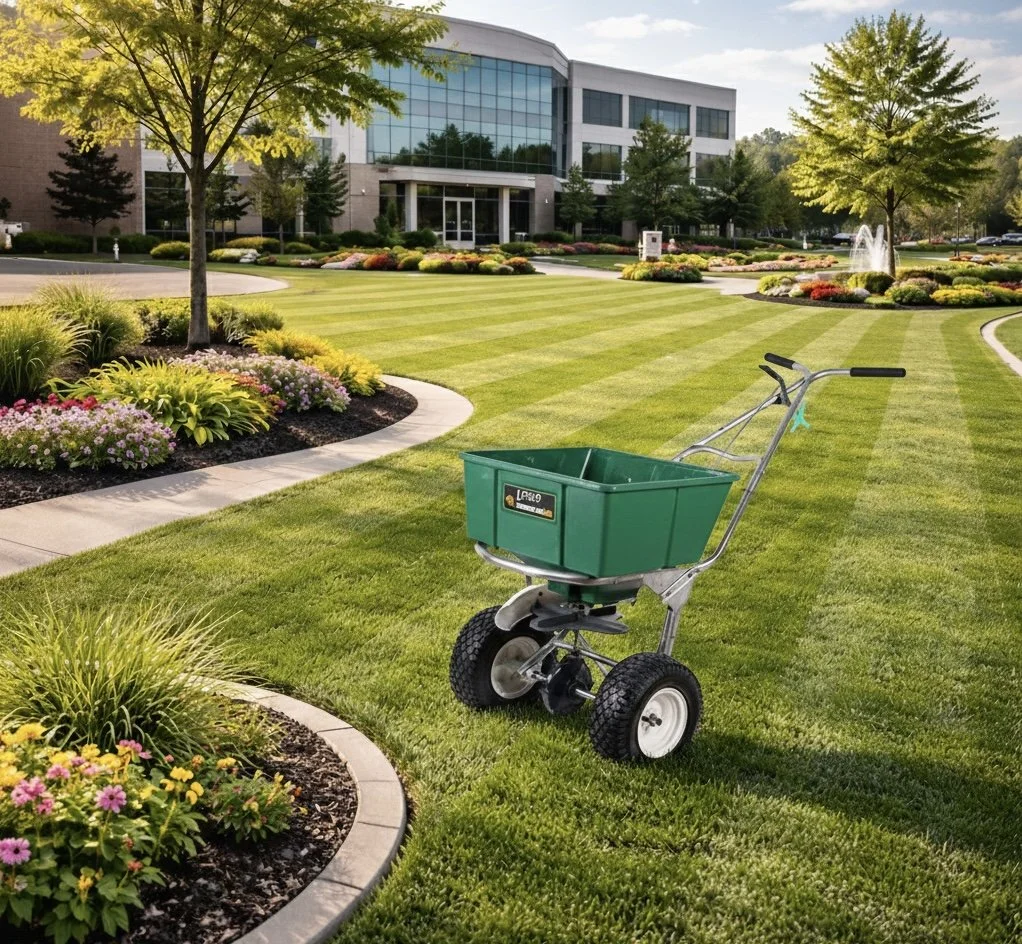 A man in a checkered shirt and apron is spraying water on plants in a garden.