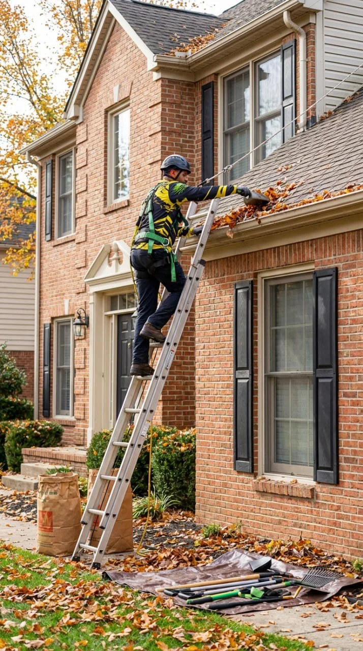 A person wearing gloves repairs or cleans a roof, collecting debris in a bucket.