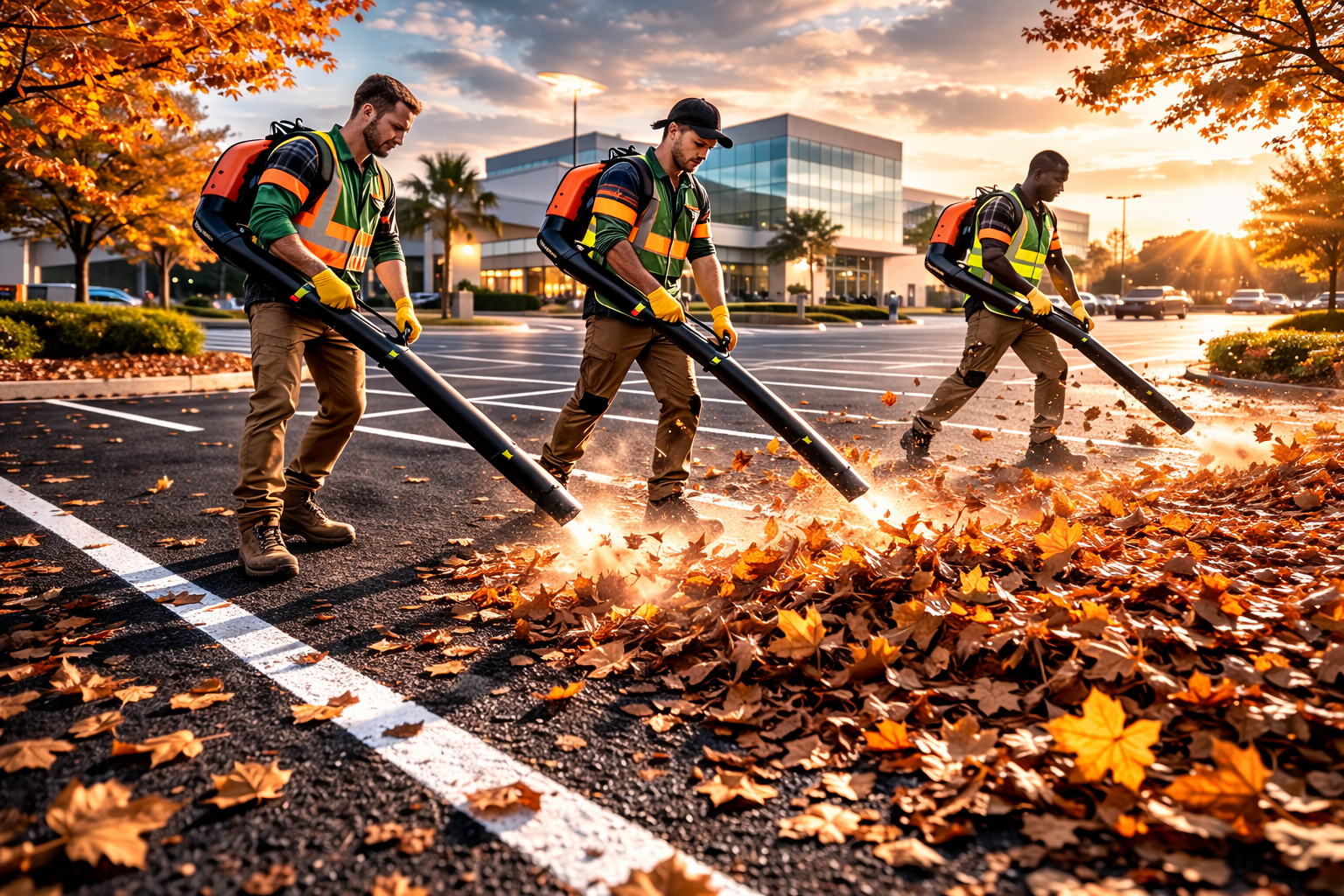 Empty parking lot with yellow and black parking blocks, some cars parked in the background, bright sunny day, clear sky, trees, and commercial buildings.