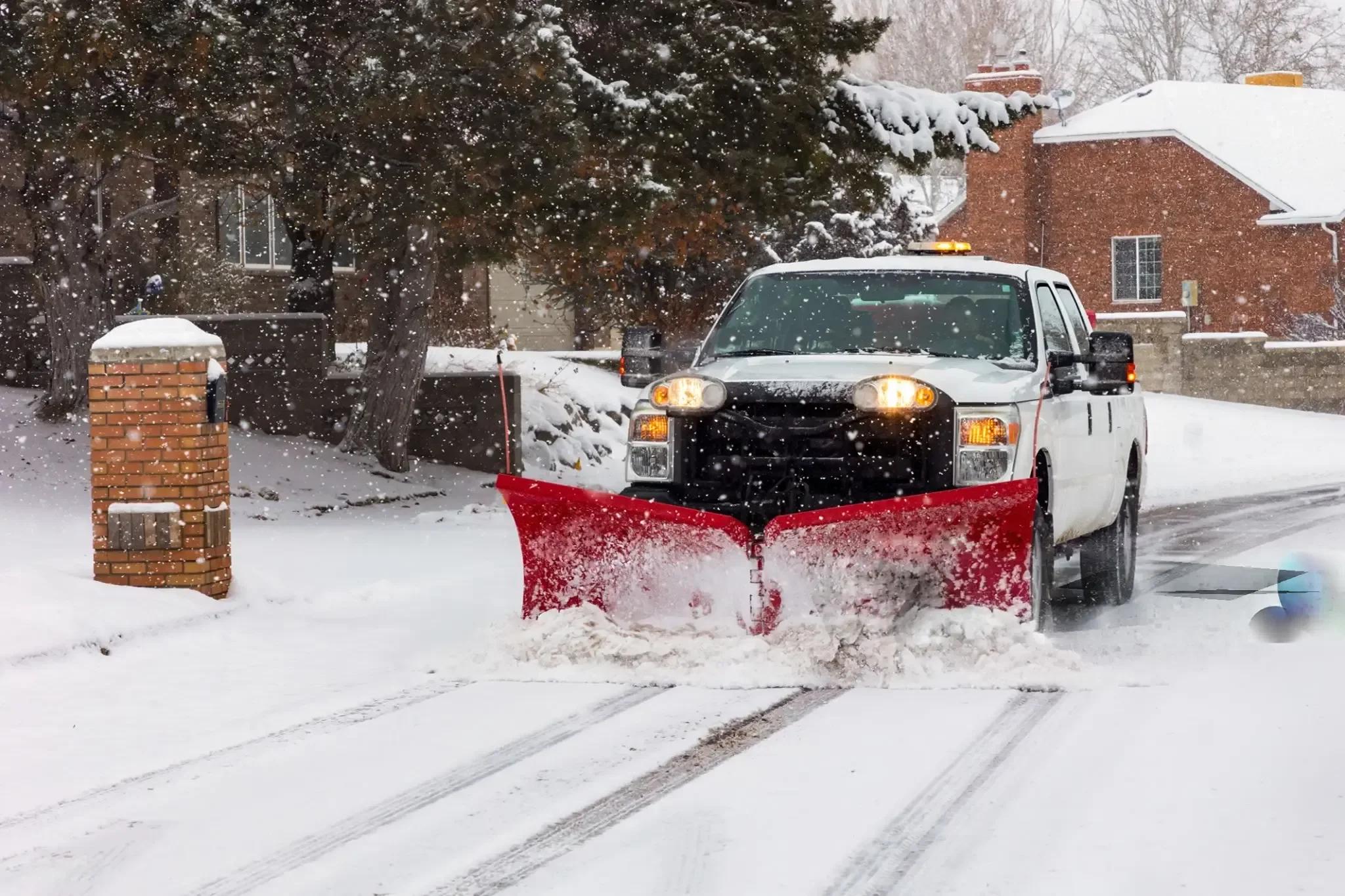 A snowplow truck clearing snow from a residential street during a snowstorm.