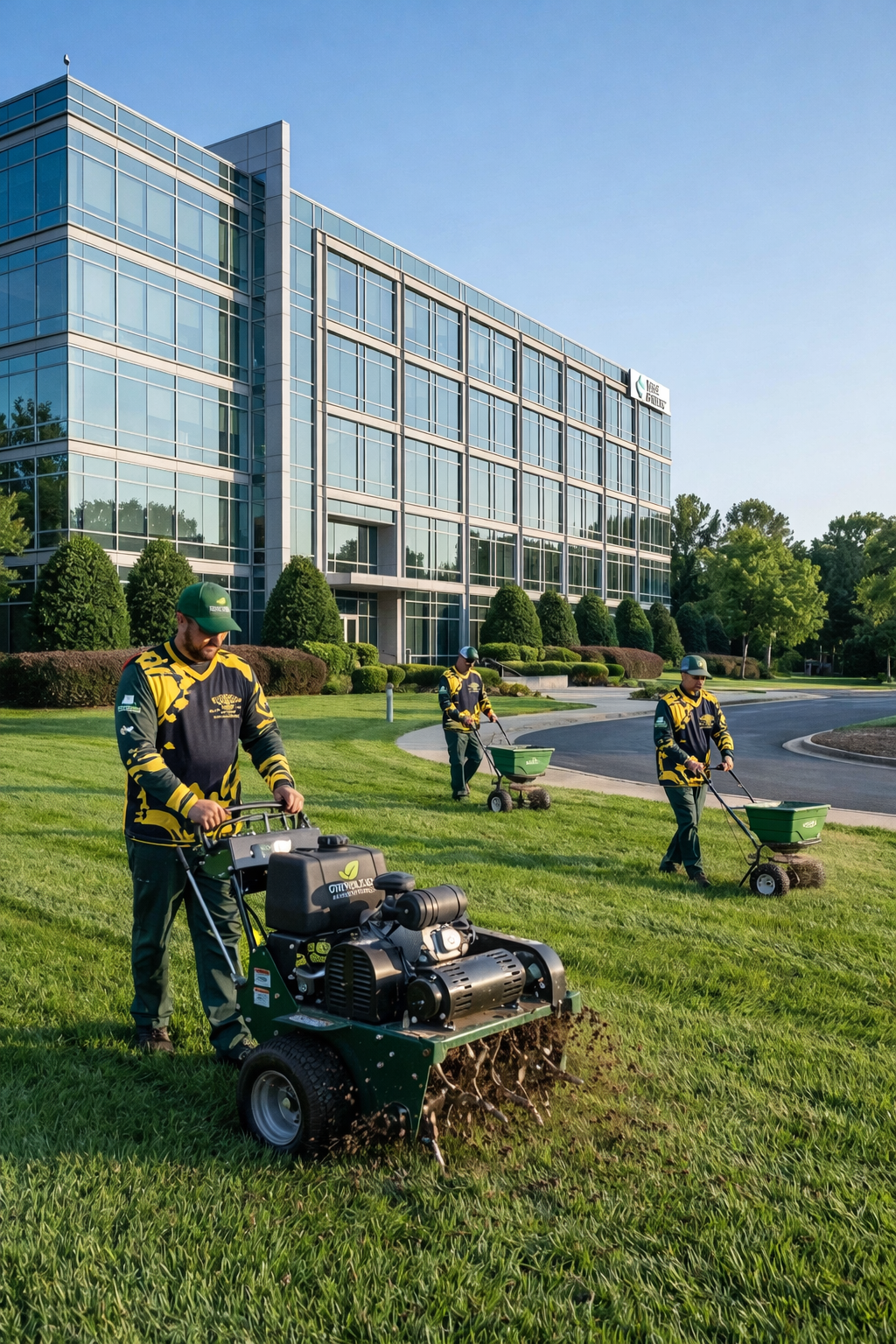 Close-up of a person's hands wearing black gardening gloves, tending to green plants in a garden bed.